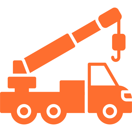 A crane truck is shown in an orange color scheme.