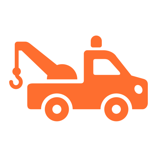 Orange tow truck icon on black background.
