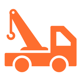 Orange tow truck icon on black background.